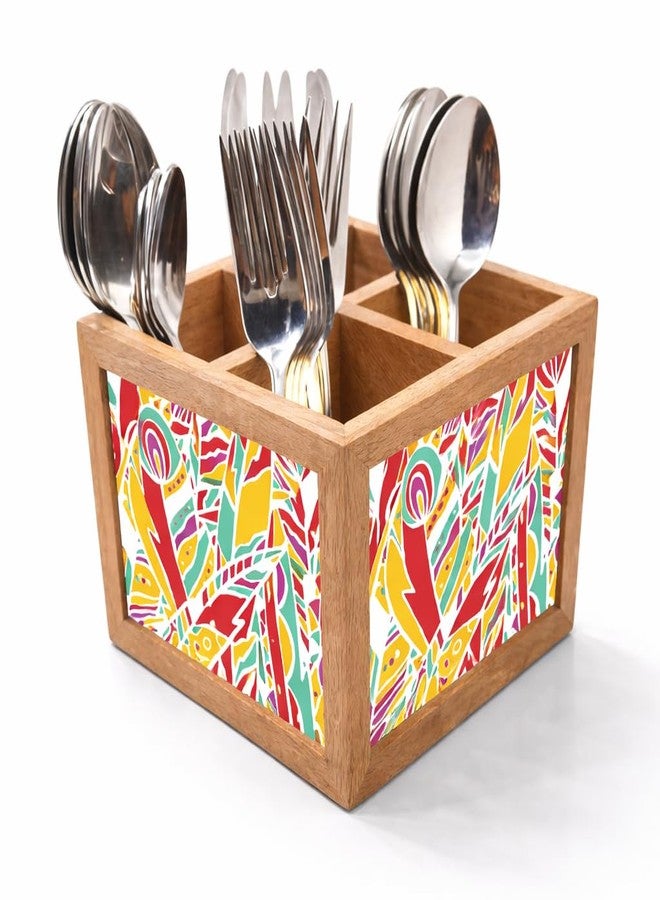 نتكيس حامل أدوات مائدة خشبي من نوتكيس، منظم ملاعق وشوك وسكاكين، مناسب لطاولة الطعام والمطبخ - صنع في الهند - الملاعق غير متضمنة - ريش قوس قزح - Image 1